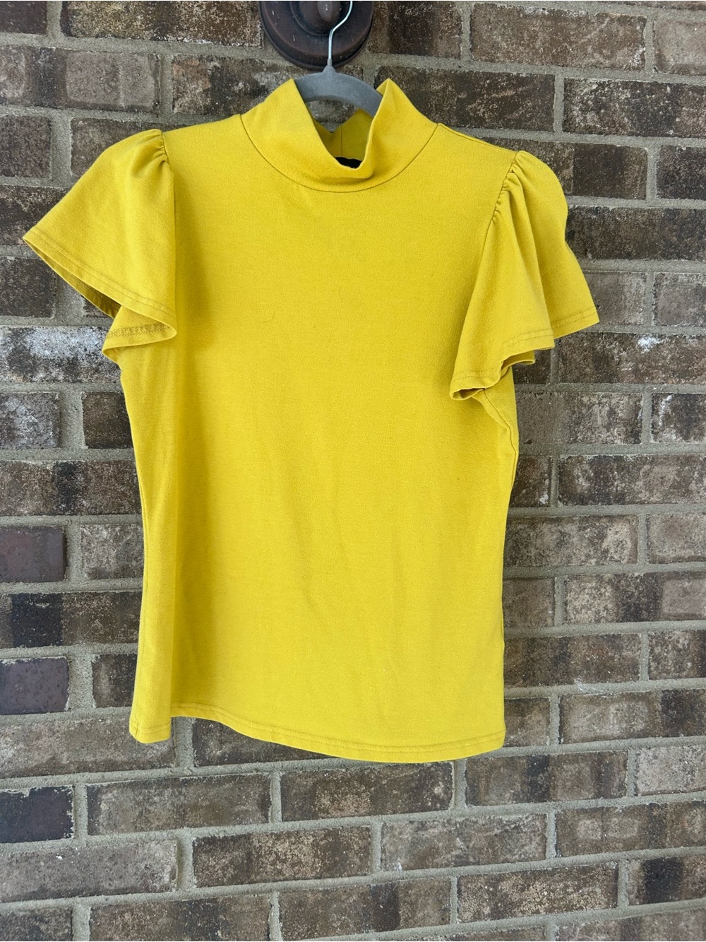 Miss Valley Mustard Yellow Mock Neck Flutter Sleeve Top Small